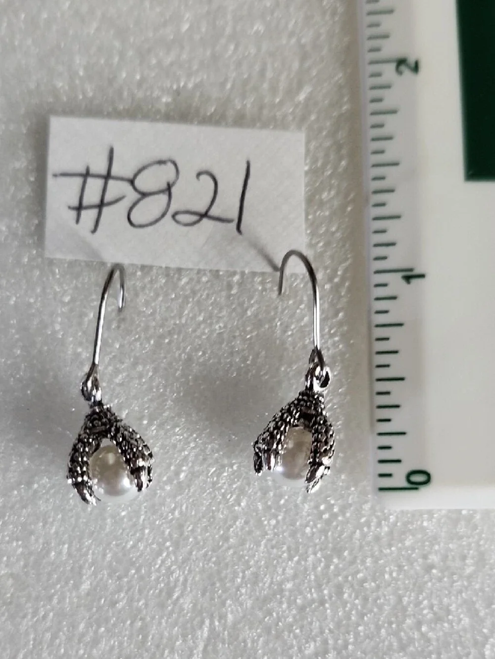 Silver-Tone Pearl Drop Earrings with Dragon Claw Accent - White